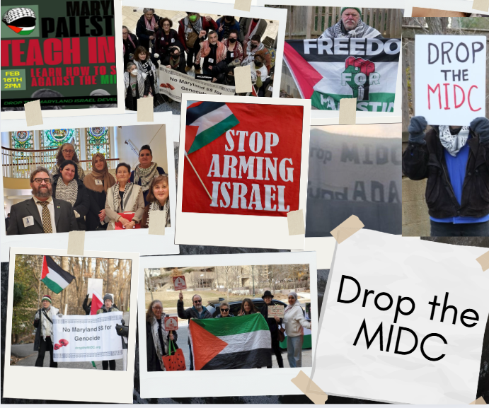 Collage of activism to drop the Maryland Israel Development Center