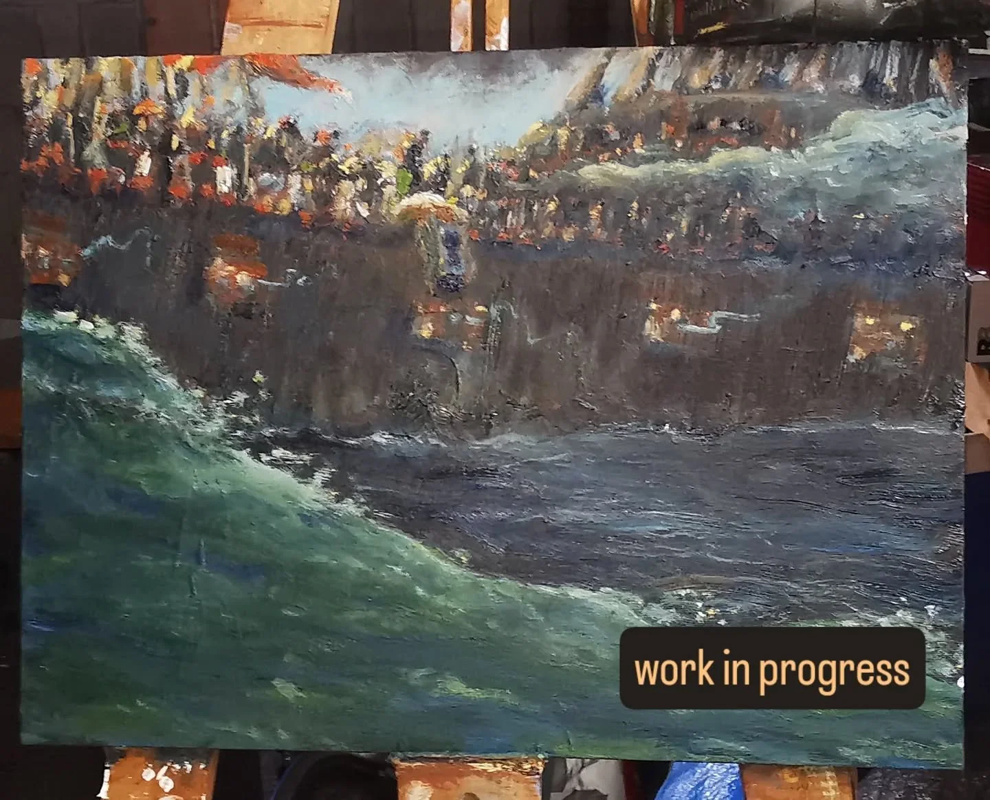 &quot;The Admiral's Wake&quot;
January 28, 1596, off the coast of Nombre de Dios, Panama, the coffin of Sir Francis Drake is pushed over board to a volley of fire in salute.
12&times;16 oil on canvas panel