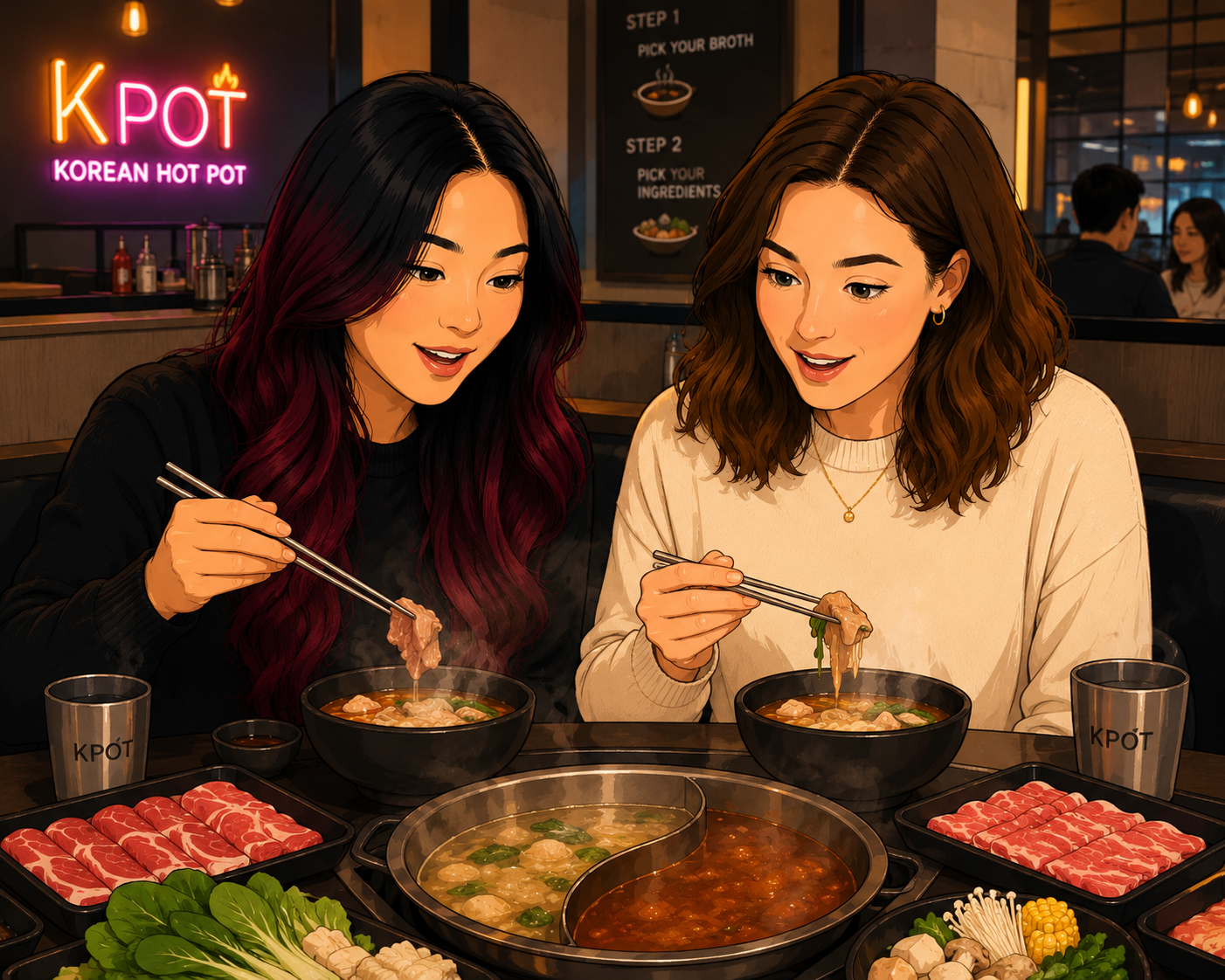 An Asian woman and a white woman sit at KPOT eating a hot pot dinner together.