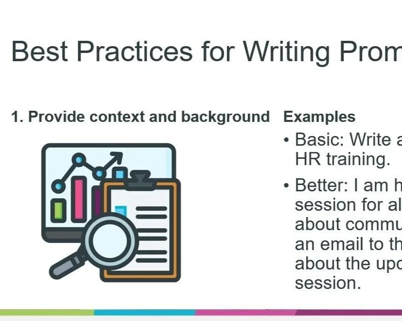 Guide on best practices for writing promotional messages, with an illustration of a computer screen showing a graph and a magnifying glass analyzing a document.