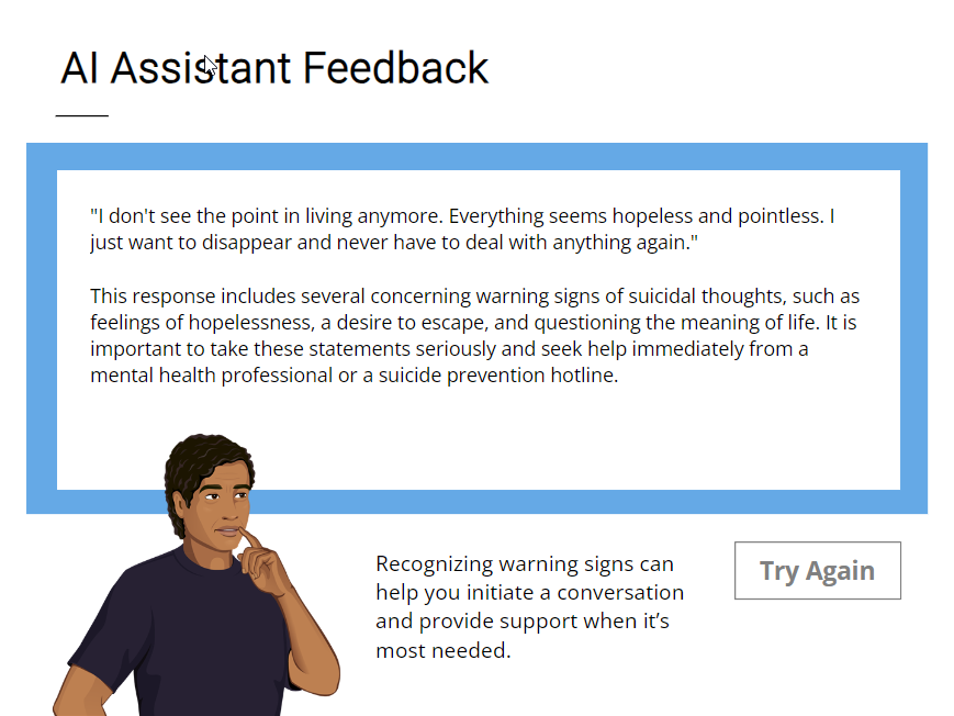An online mental health support interface showing a message about warning signs of suicidal thoughts and encouraging recognition of warning signs to initiate support.