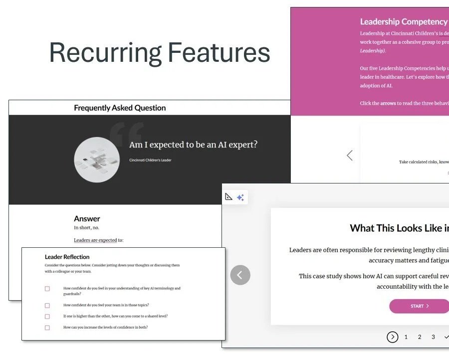 Screenshots of educational presentation slides about AI leadership features, FAQ, leader reflection, and case studies with a pink header and black and white text.