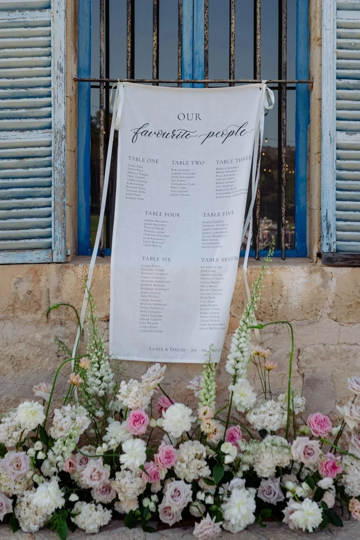 Mallorca wedding linen seating plan sign. Wedding calligraphy