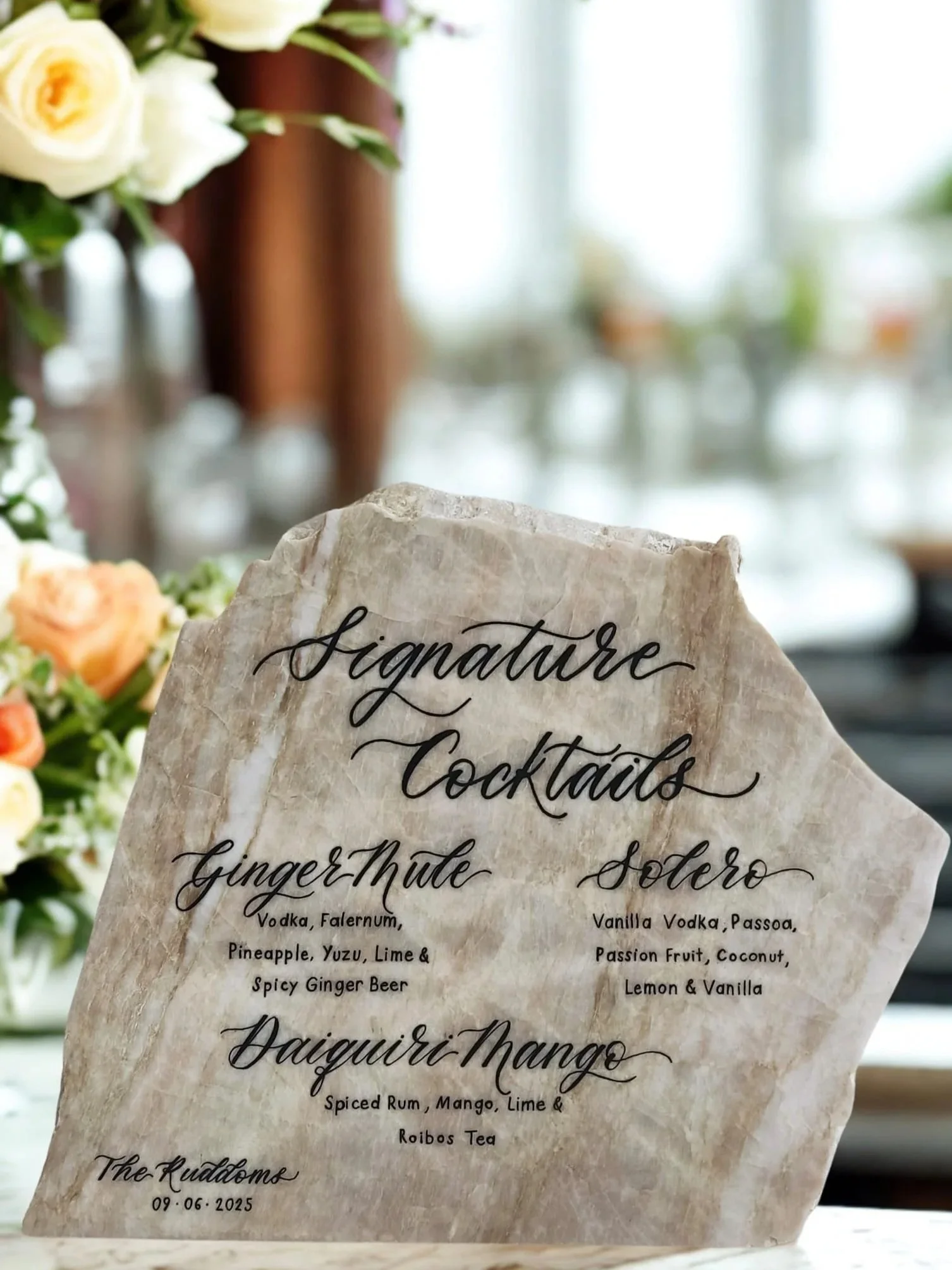 Stone or marble bar sign. Mallorca wedding signage. Mallorca calligraphy
