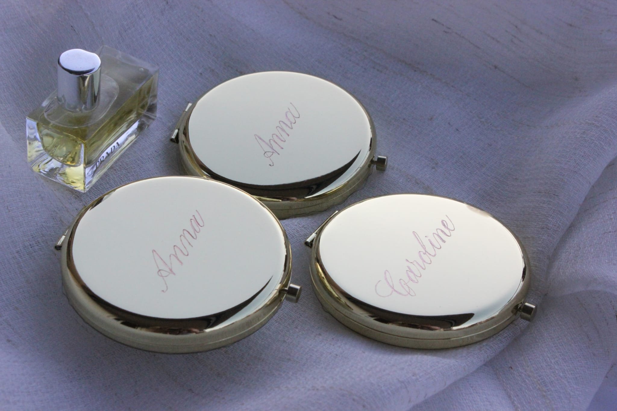 Personalised bridesmaid gift. Engraved compact mirror