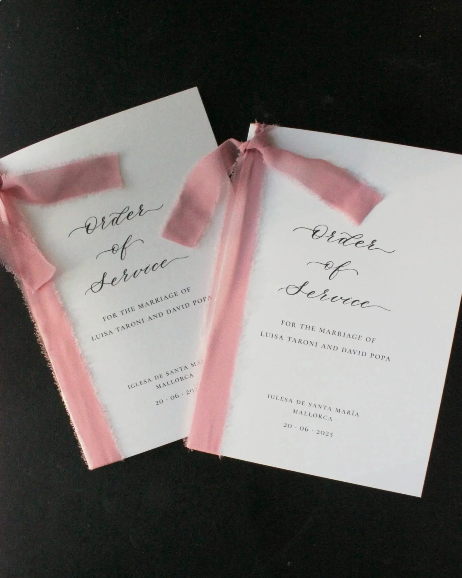 Order of service booklets. Wedding stationery and signage Mallorca. Wedding calligraphy
