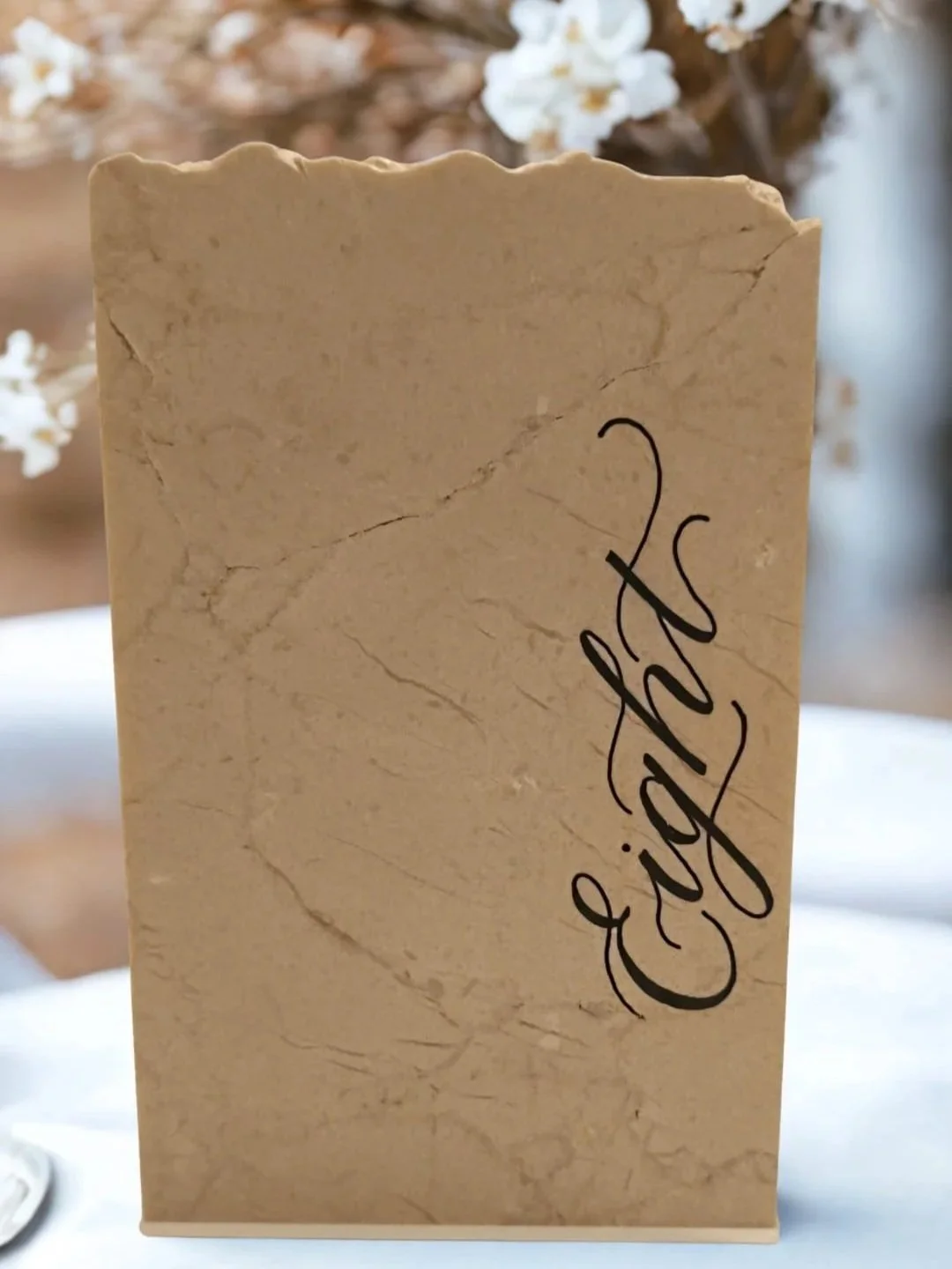 Stone or marble table number sign. Mallorca wedding signage. Mallorca calligraphy