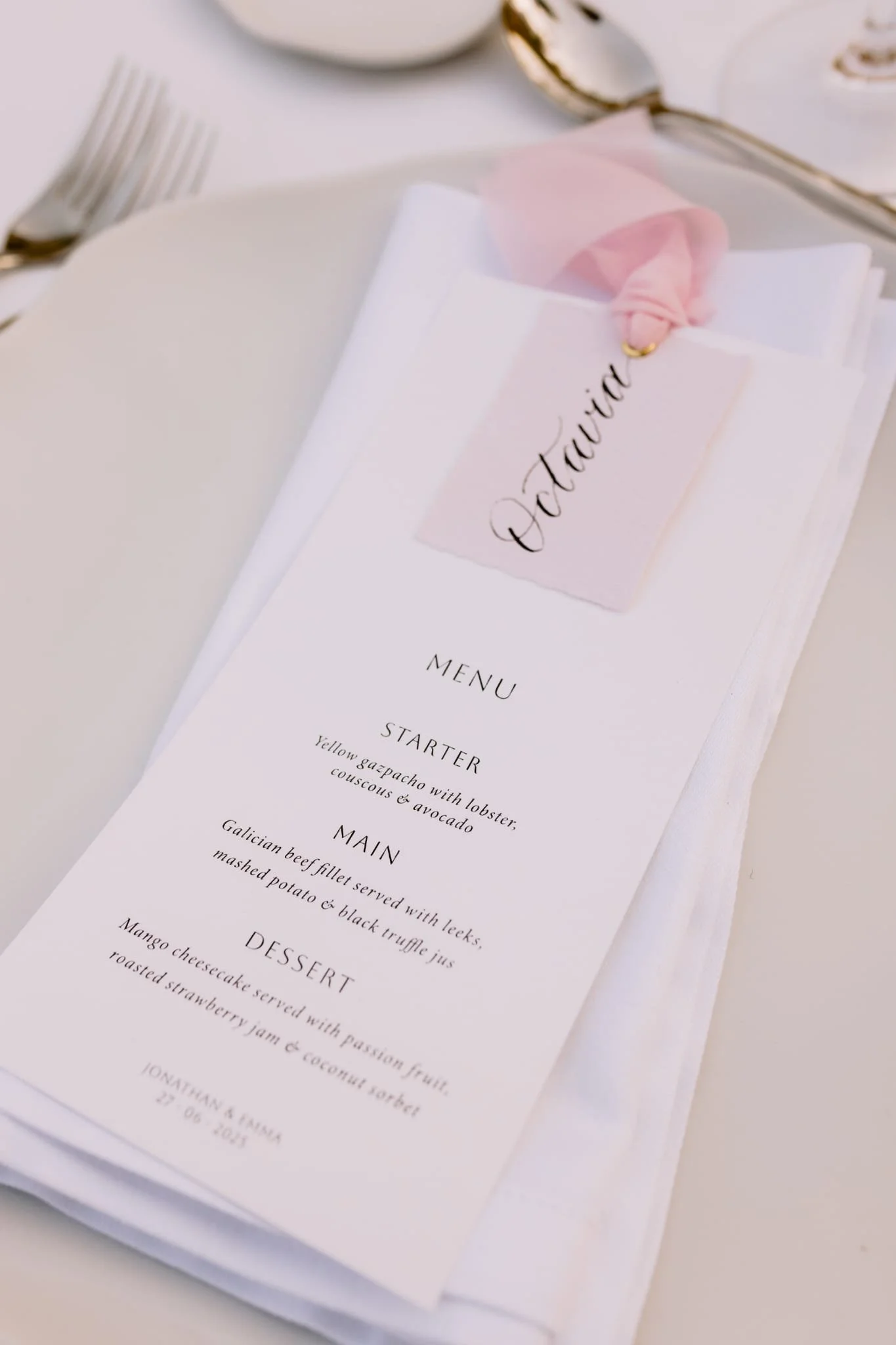 Mallorca wedding stationery and signage. Wedding menu card