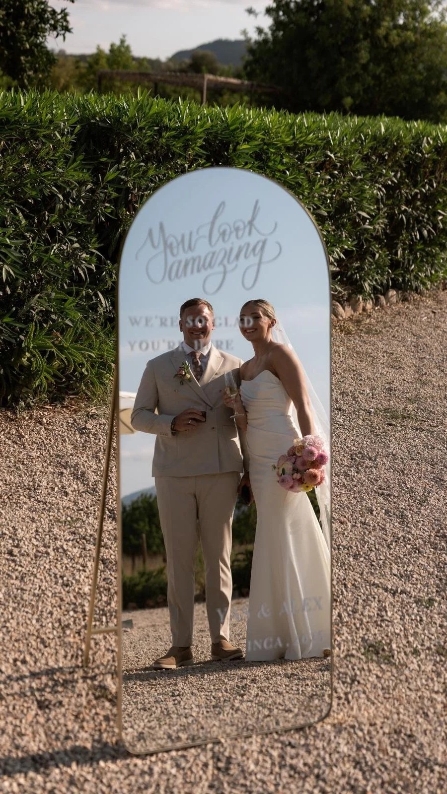 Mallorca wedding welcome and selfie mirror. Written by hand. Wedding Calligraphy
