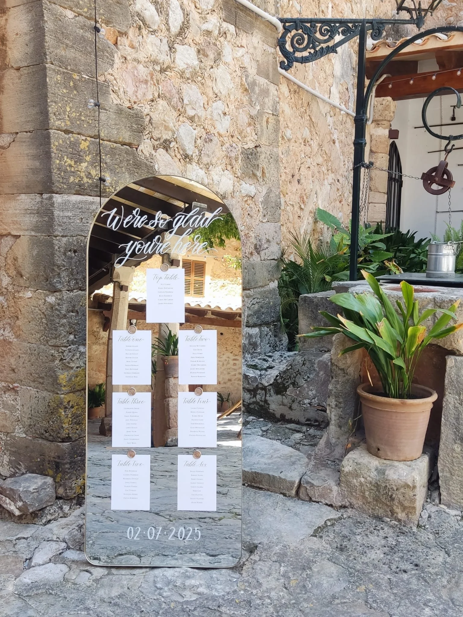 Mallorca wedding stationery and signage. Welcome seating plan mirror