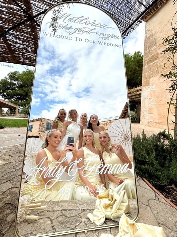 Mallorca wedding stationery and signage. Welcome selfie mirror