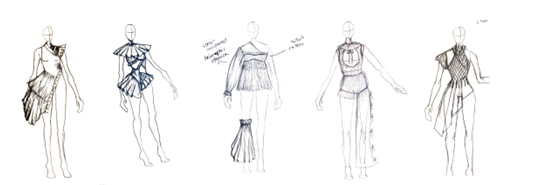A series of fashion design sketches of various women's dresses and outfits on blank mannequins.