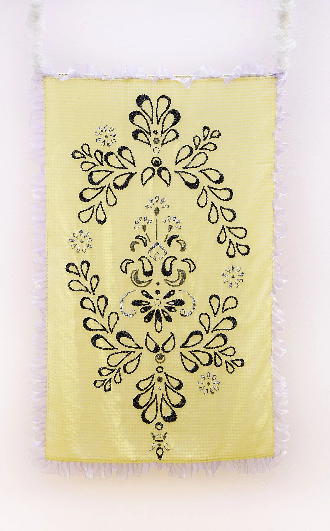 "Wallpaper Motif" | Sheer Gingham, Hand-Stitched Beadwork, Satin Ribbon | 60in x 40in x 0.5in