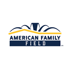 American Family Field logo. Blue and white text underneath stylized illustration of the American Family Field building roof.