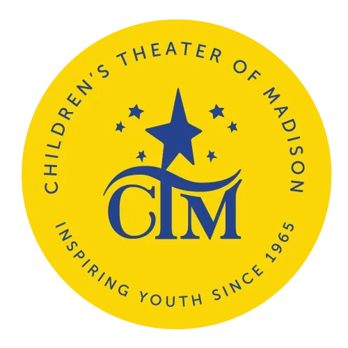 Children's Theater of Madison logo. Blue text and illustration on yellow background. In center of image, letters CTM underneath stars. Circling text on edges state name and "inspiring youth since 1963."