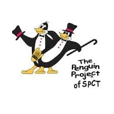 Penguin Project of Sun Prairie logo. Two cartoon penguins wearing top hats, right penguin holds hooked cane. Text to far right side.