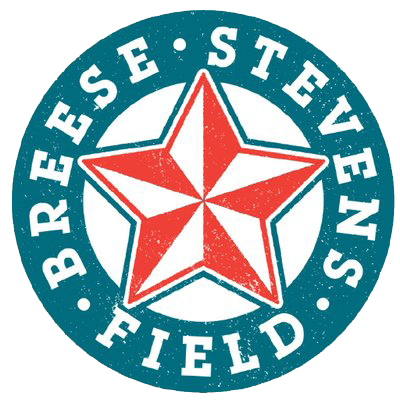 Breese Stevens Field logo. Teal circle around orange and white nautical star. Text is white inside teal circle.