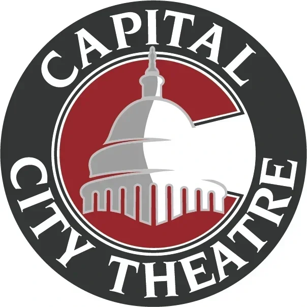 Capital City Theater logo. Illustration of white capitol building against red background, circled by gray backdrop and white theater name text.