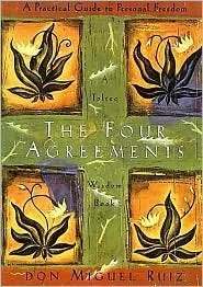 Book cover titled 'The Four Agreements' by Don Miguel Ruiz, featuring abstract black and yellow images of flowers or birds against orange, yellow, green, and purple backgrounds.