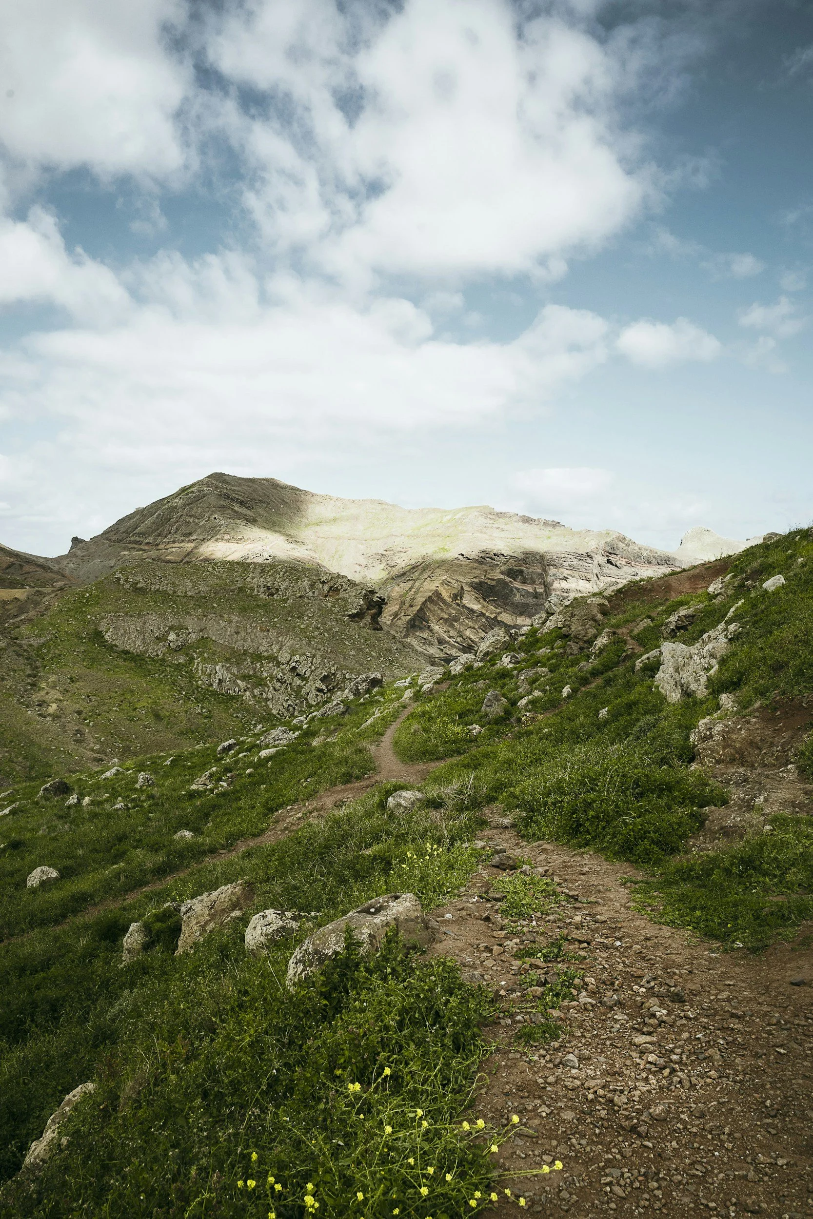 A mountainous landscape with a dirt trail winding through green grassy terrain and rocks, under a partly cloudy sky. Representing the journey towards healing from anxiety, burnout, and cultural identity issues.