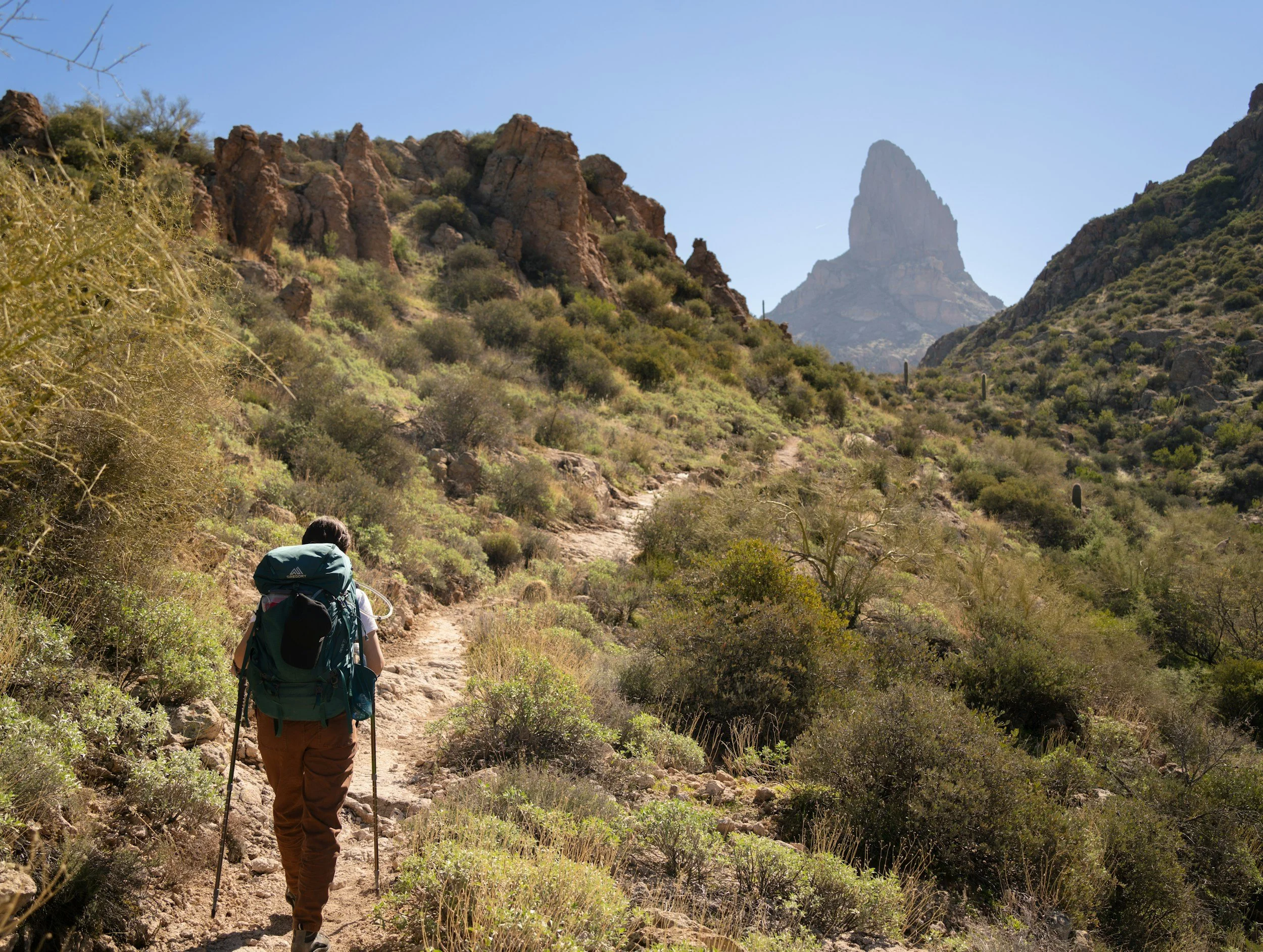 Woman backpacking on a beautiful hiking trail, representing someone carrying high allostatic load and finding help from therapy to deal with chronic stress.