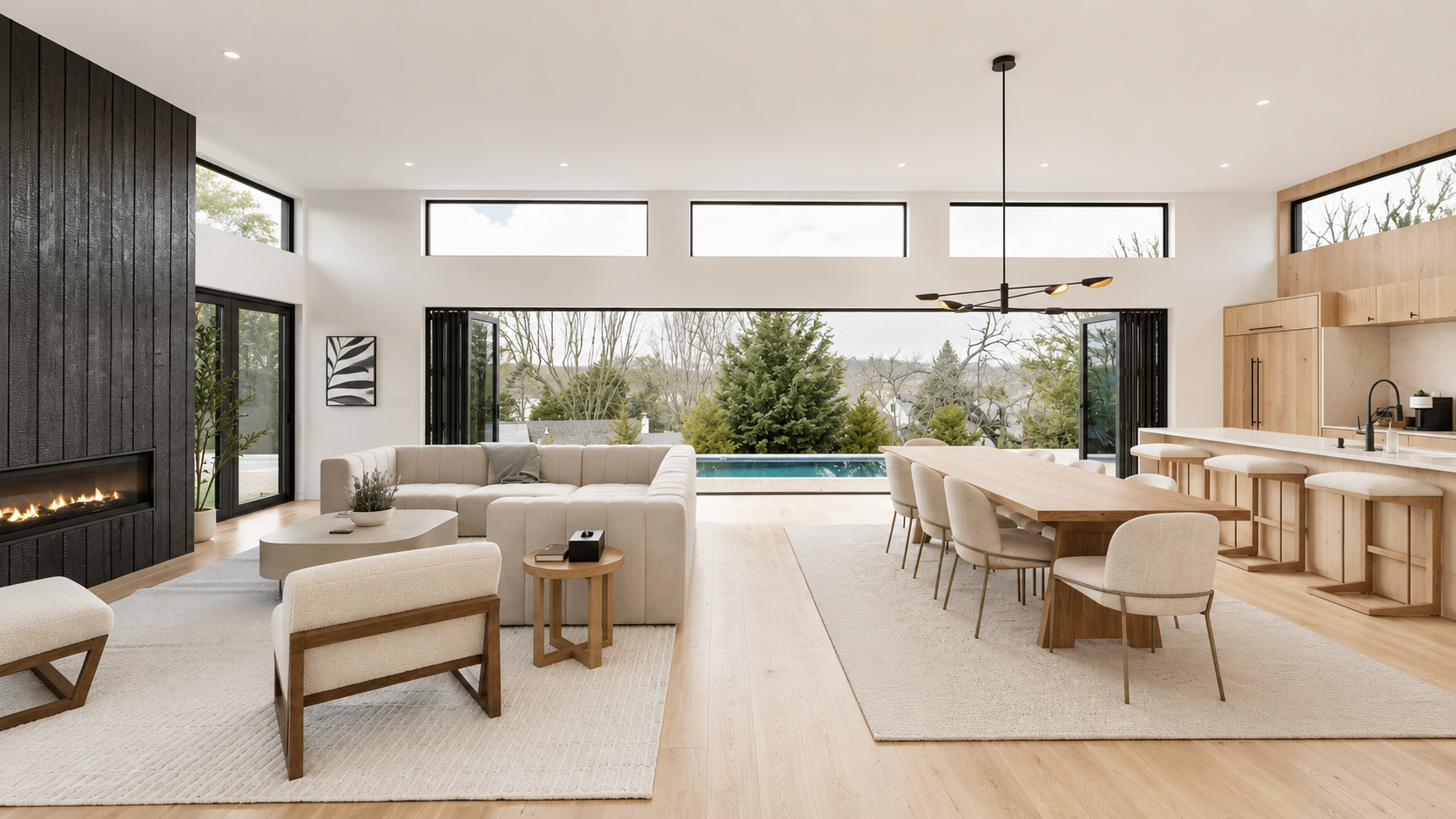 Open-plan luxury living and dining area with furnishing selection, FF&E coordination, procurement, and installation support for indoor-outdoor living.