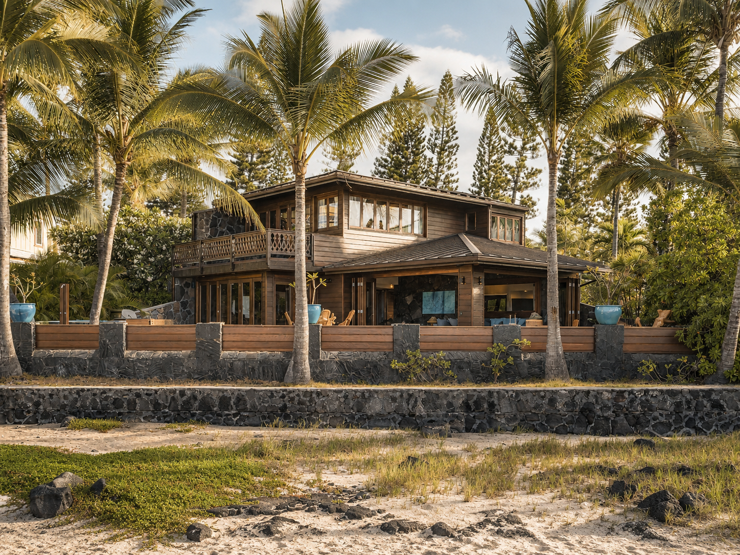A large wooden house on a beach, surrounded by palm trees and plants, with a stone and wood fence, and outdoor seating.