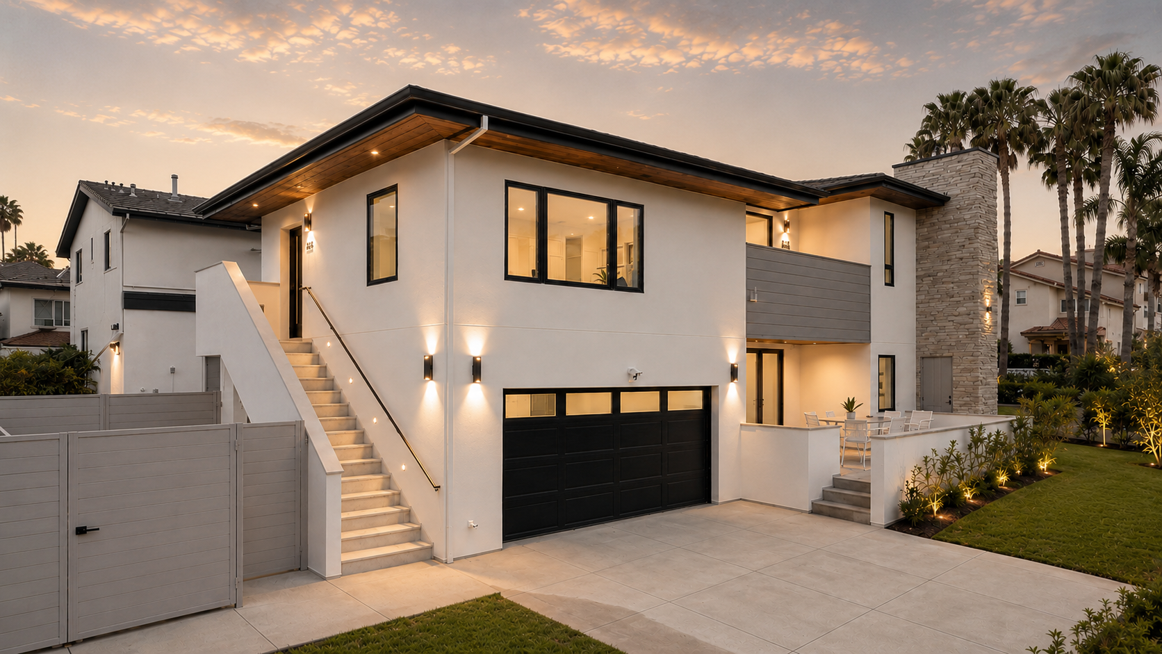 Modern two-story residence exterior representing Precipice West support for luxury furnishing, procurement, and owner-side project coordination.