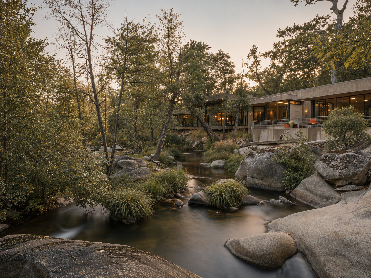 A modern house with large glass windows and a spacious balcony overlooking a rocky creek surrounded by trees and greenery at sunset.