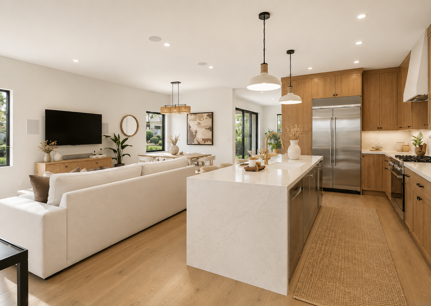 Modern living room and kitchen with light wood finishes, selected furnishings, and FF&E support for a clean residential or rental property.