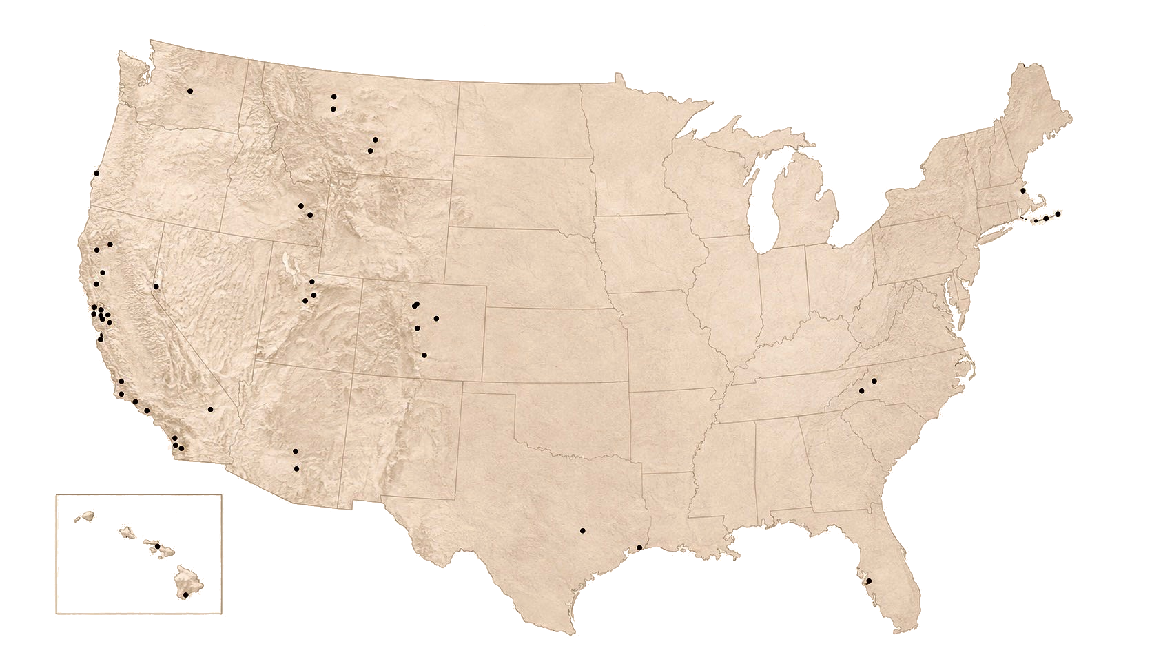 Map showing Precipice West project locations across luxury residences, investment properties, and hospitality rentals throughout the United States.