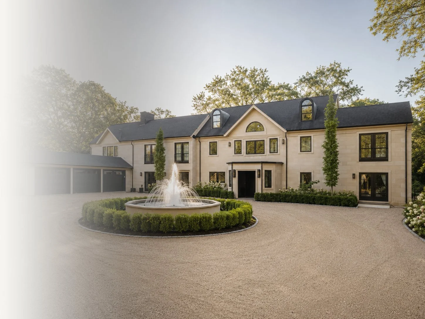 Large, elegant house with tall windows, surrounded by lush greenery and a gravel driveway. There is a central fountain in front of the house and a two-car garage on the left.