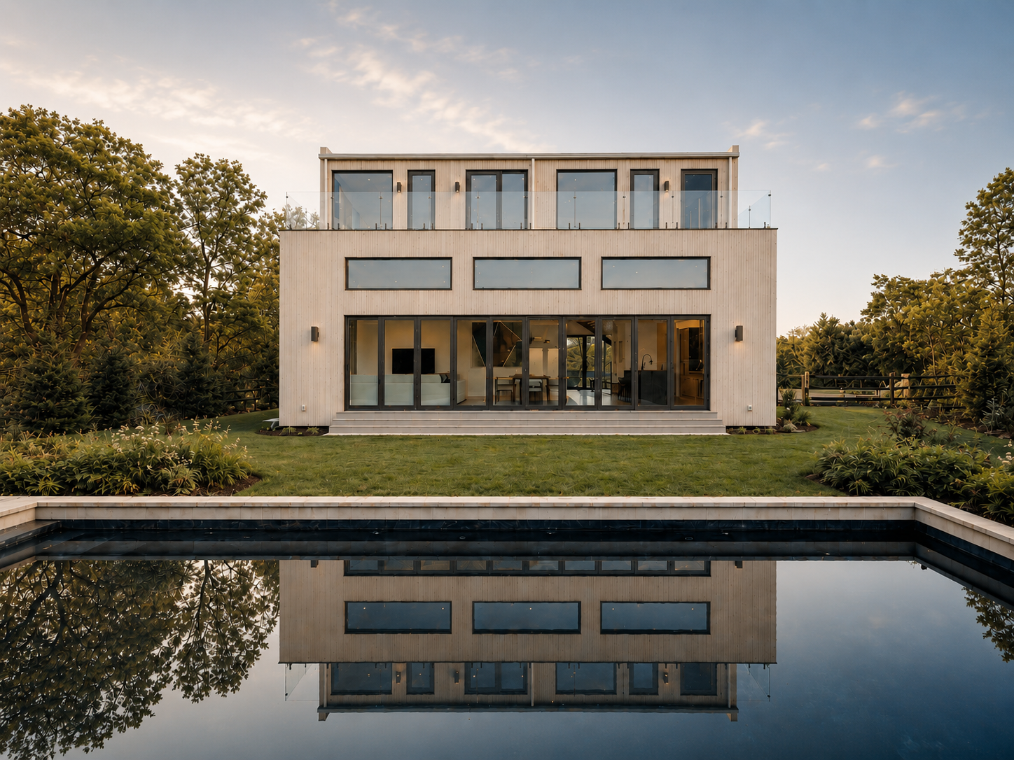 Modern house with large glass windows and sliding doors, surrounded by greenery and trees, reflected in a rectangular swimming pool in the foreground.