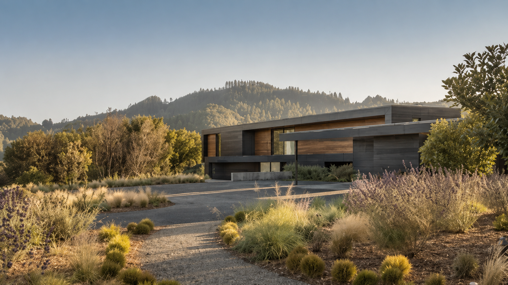 Modern house with flat roof and large windows situated in a desert landscape, surrounded by native plants and trees, with hills in the background during daylight.