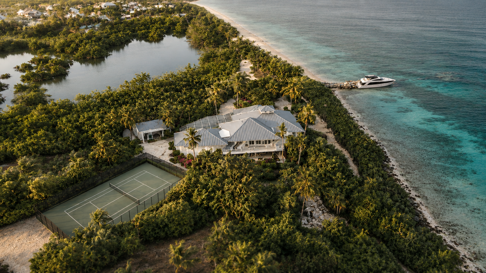 Aerial view of a luxury beachfront property with a tennis court, surrounded by lush palm trees, near the ocean with a yacht docked on a small pier.