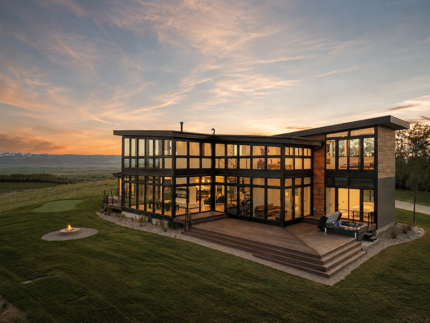 Modern house with extensive glass windows at sunset, surrounded by green lawn and mountains in the distance, with a fire pit on the lawn and a hot tub on the deck.