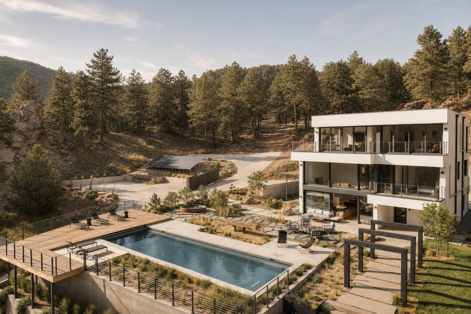 Modern multi-story house with outdoor pool, lounge chairs, and scenic mountain forest background during daytime.