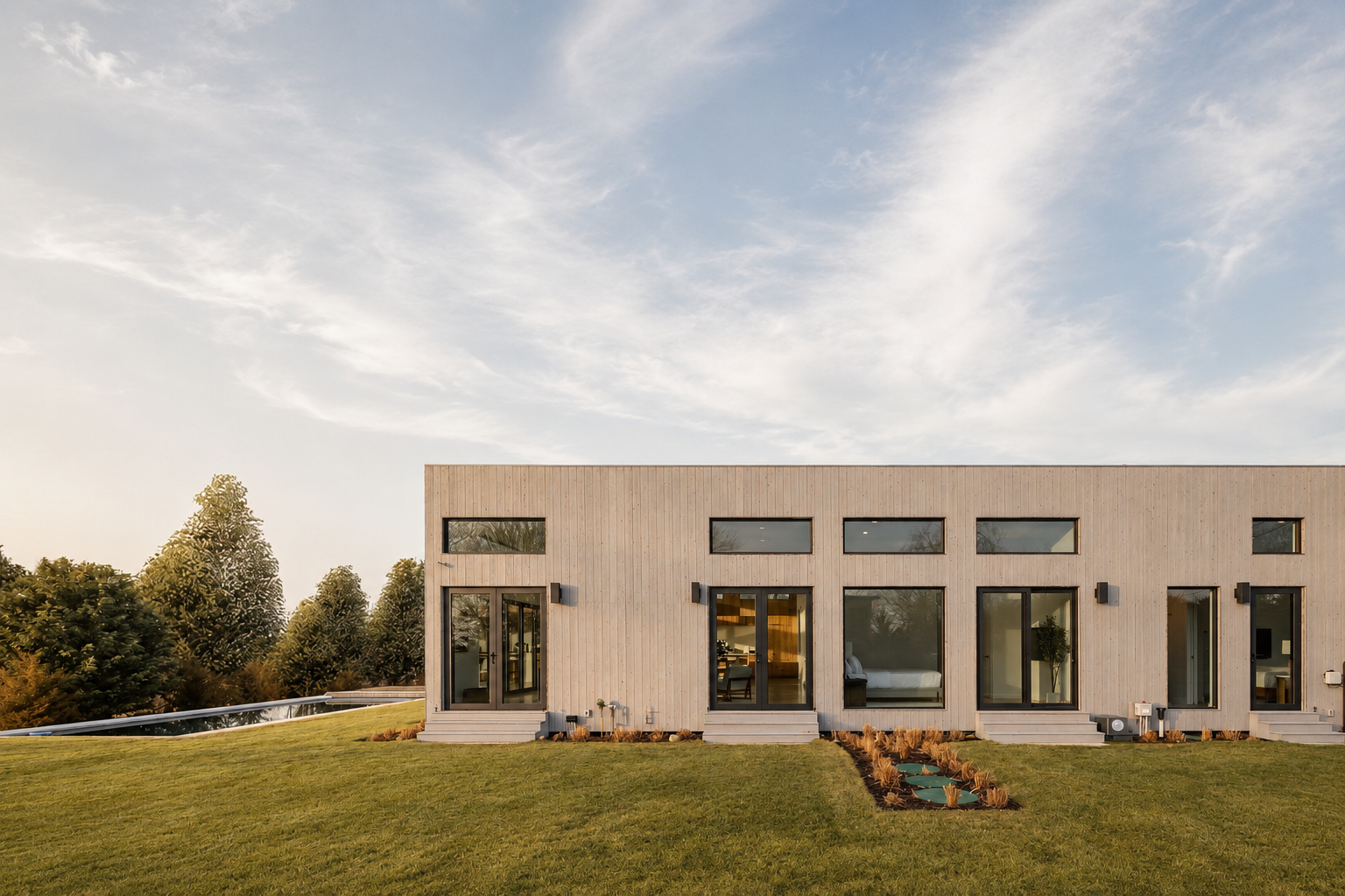 Modern two-story house with large windows, a manicured lawn, small steps leading to the entrances, and trees in the background, under a partly cloudy sky.