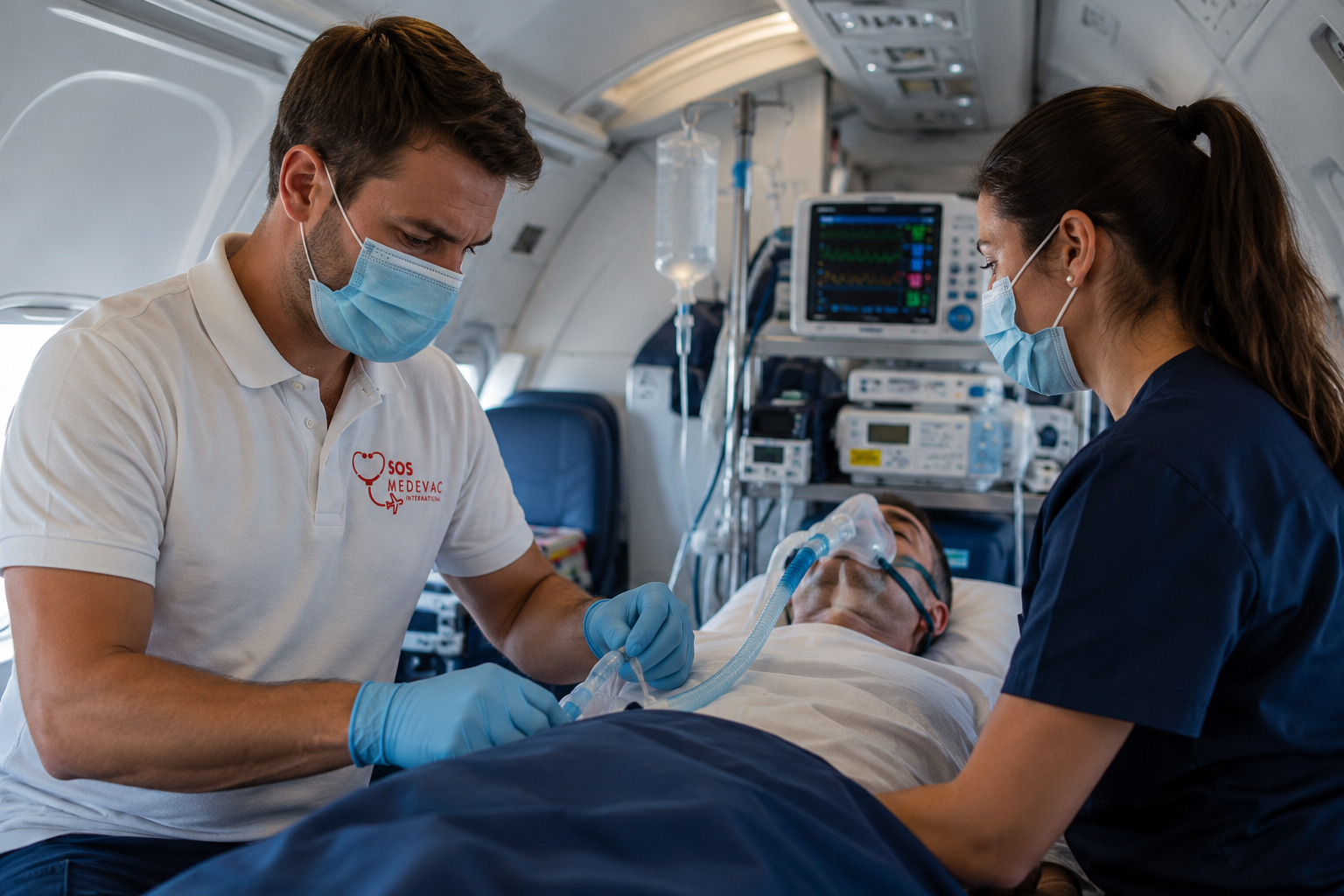 Deux professionnels de la santé assistent un patient dans un avion médicalisé équipé de machines de surveillance.