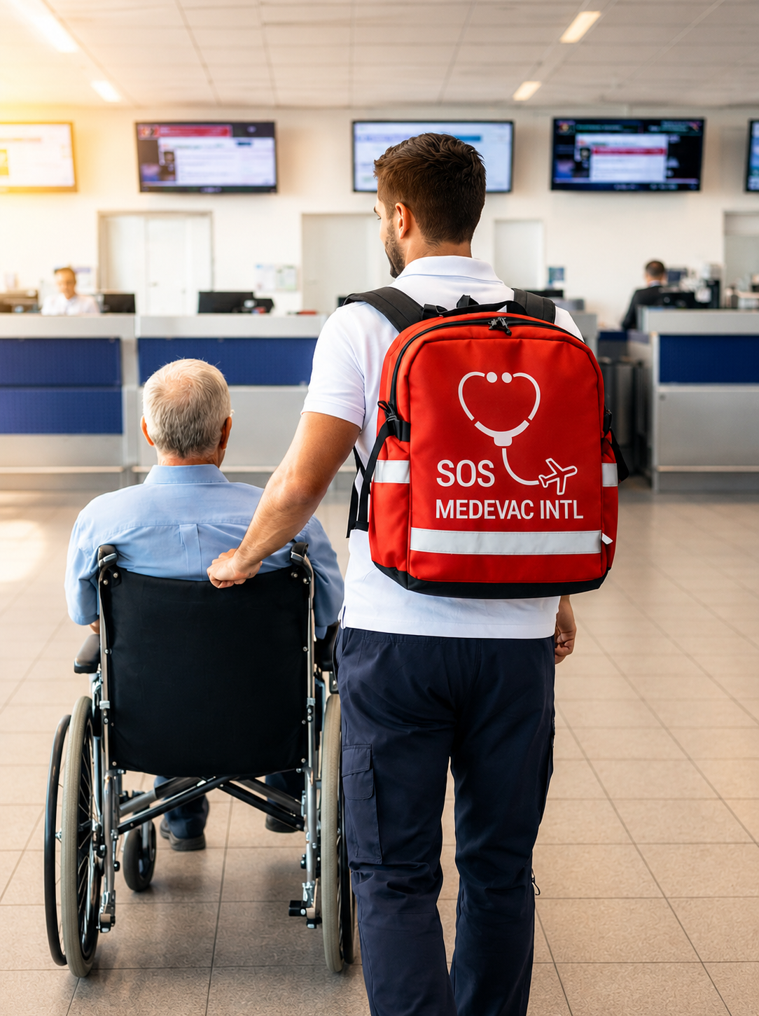 Personnel médical avec sac à dos rouge regardant un homme en fauteuil roulant à l'aéroport.