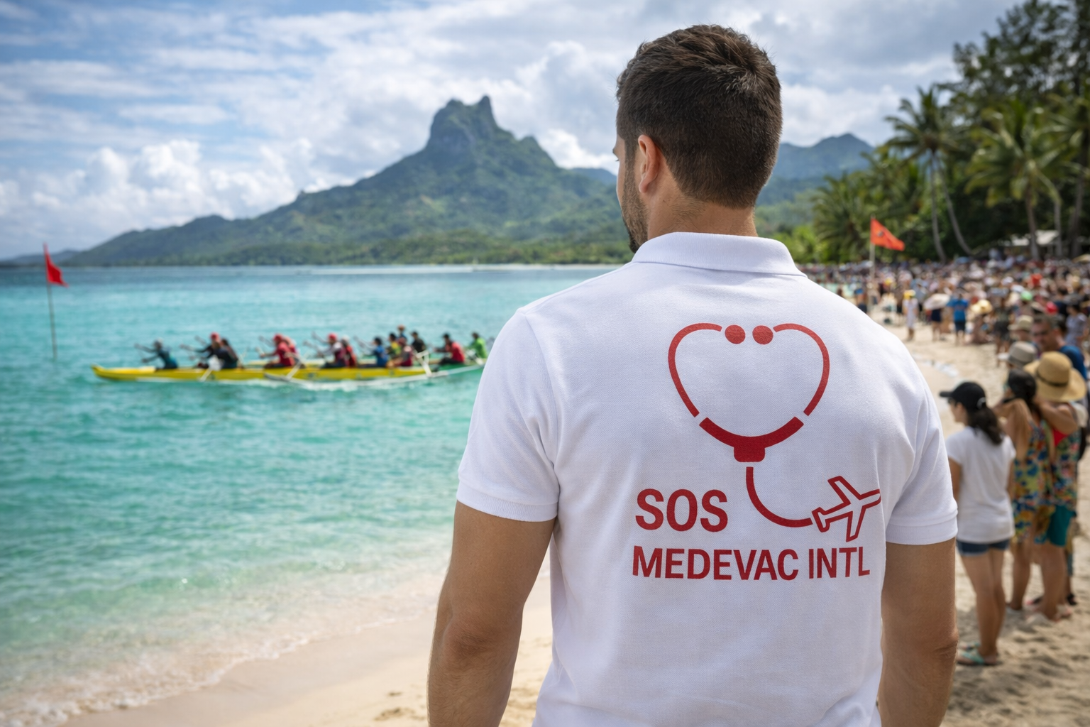 Un membre de l'équipe SOS Medevac surveillant une plage bondée avec des touristes, lors d'une compétition de vaa, des palmiers et une montagne en arrière-plan
