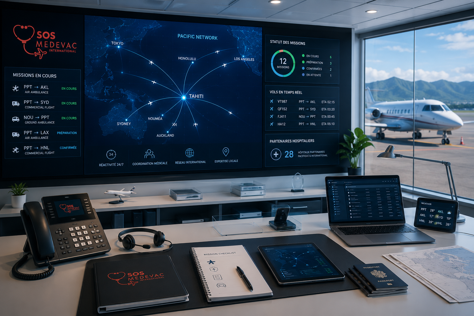 Salle de contrôle d'aviation avec écran affichant un réseau de missions et statuts, ordinateur portable, tablette, téléphone, et vue sur un avion privé par une fenêtre.
