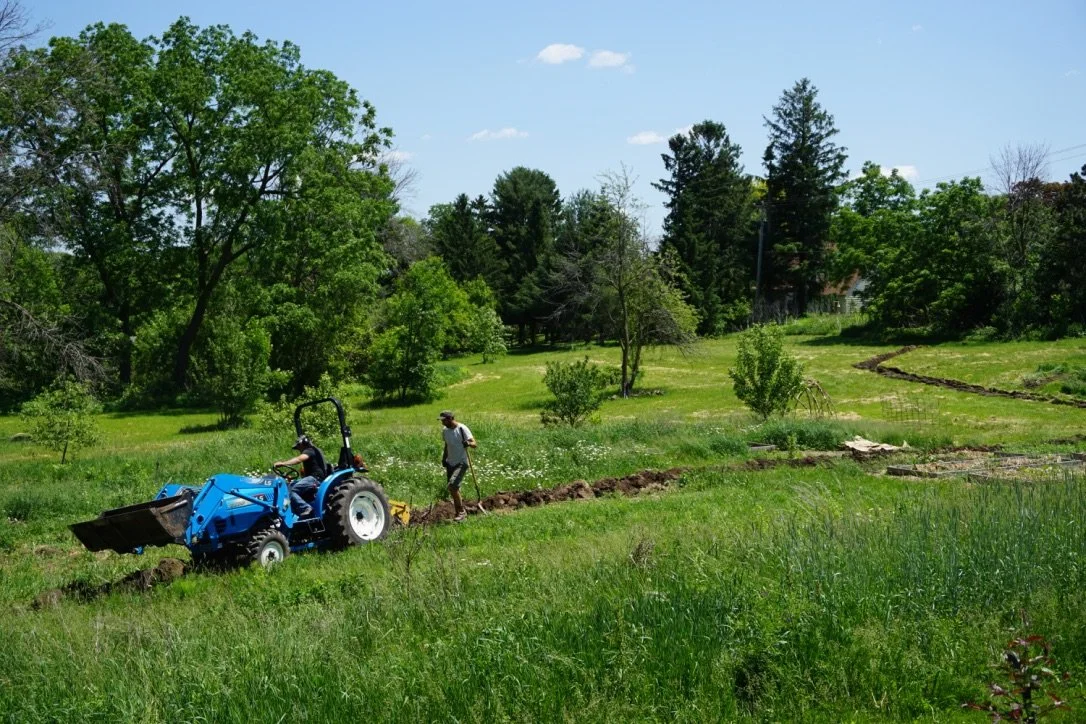 Man standing in a green field by a blue tractor