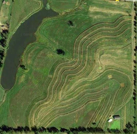 Ariel view of green swales and pond