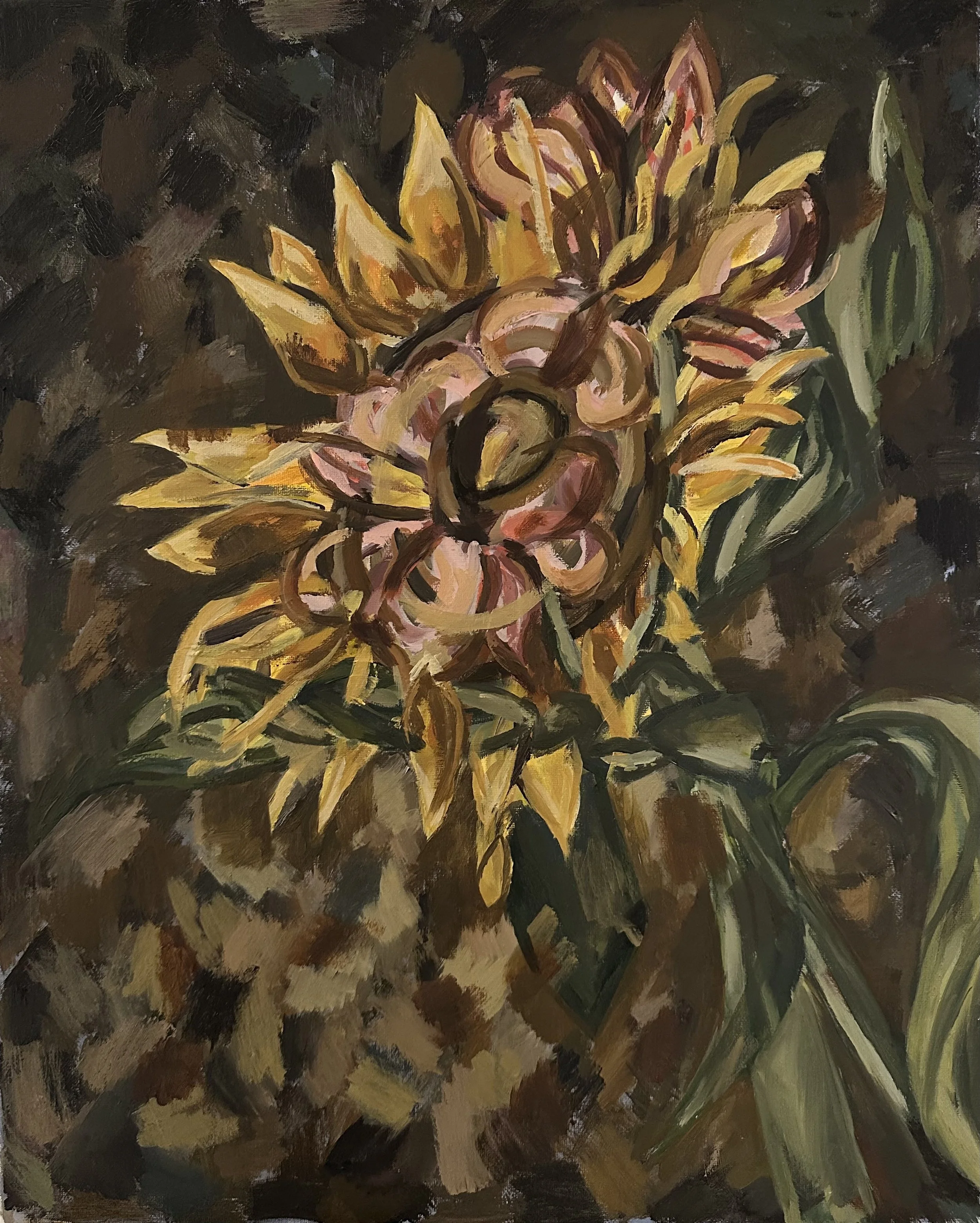 Sunflower and Pink Lillies (2024) 16in x 20in - Oil Paint on Canvas