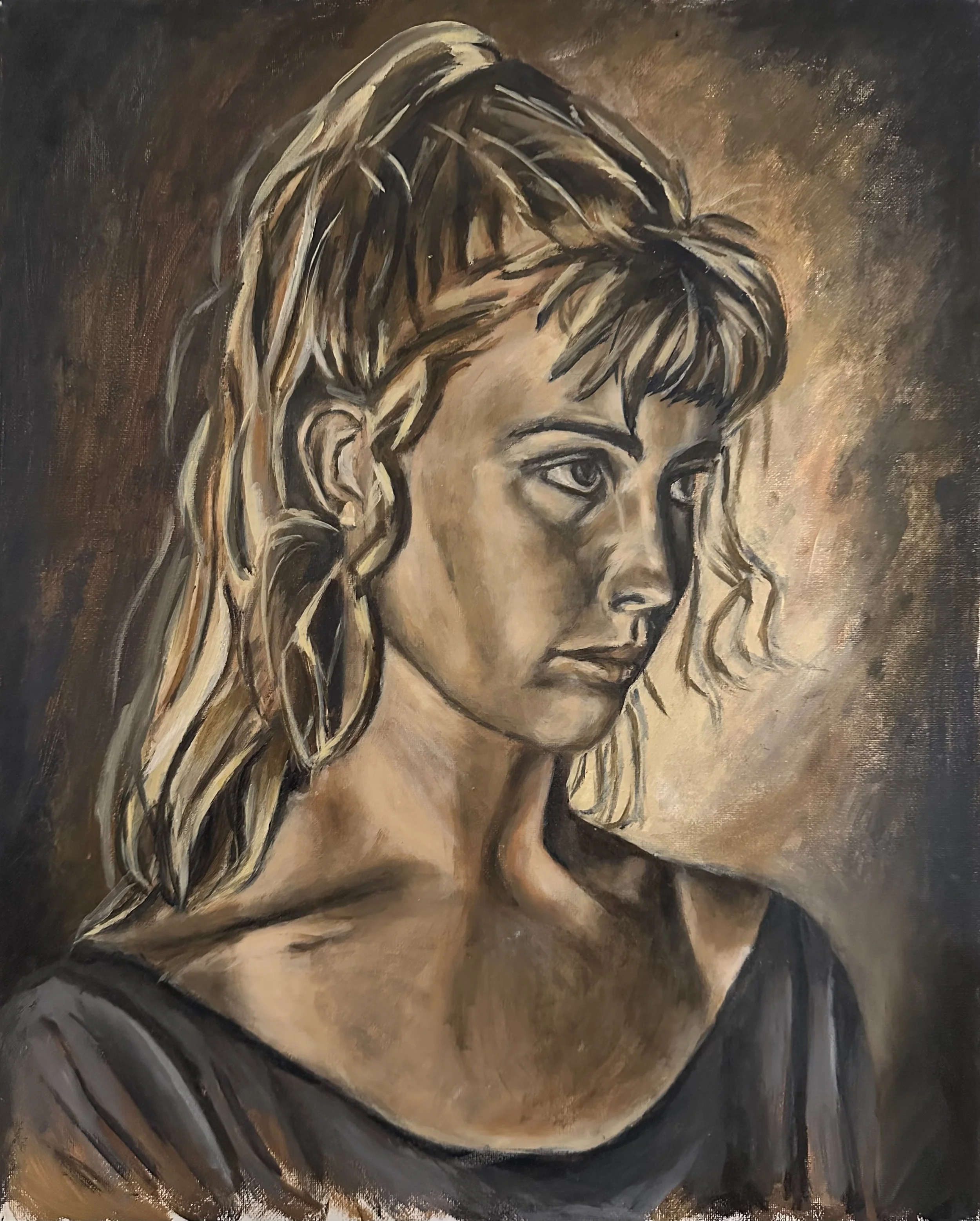 Girl with Ponytail, 3/4 View I (2024) 16in x 20in - Oil Paint on Canvas