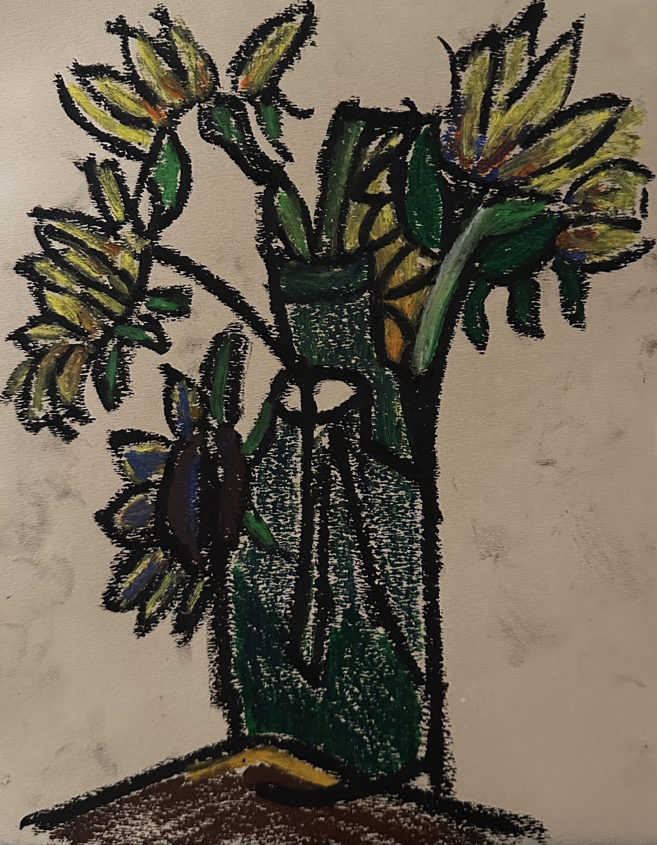Sunflowers in Bottle (2023) 9in x 12in - Oil Pastel on Paper