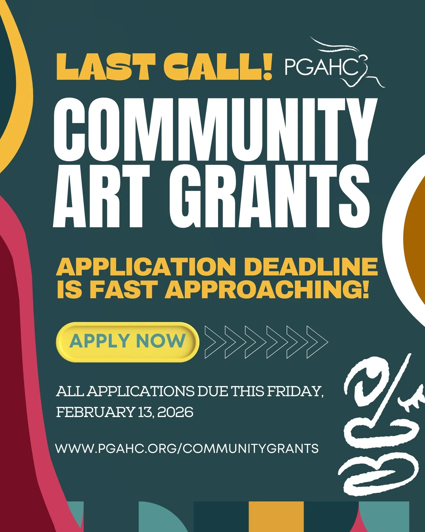 ⏳ Last call for community grant applications!

The deadline to apply for PGAHC&rsquo;s 2026 Community Grants is this Friday, February 13th at 11:59 PM EST.

We&rsquo;re offering funding through three opportunities:
1️⃣ Artist Fellowship 
2️⃣ County A