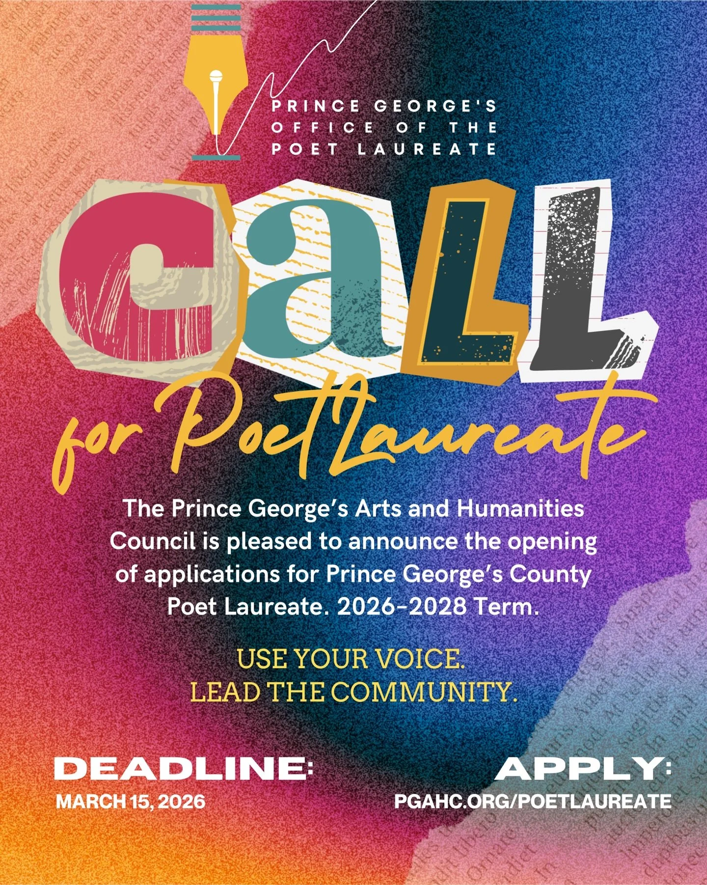 ✍🏾 Reminder: Call for Poet Laureate Applications

Prince George&rsquo;s County is seeking its next Poet Laureate&mdash;a literary ambassador who will uplift poetry, amplify community voices, and champion the power of the written word.

If you are a 