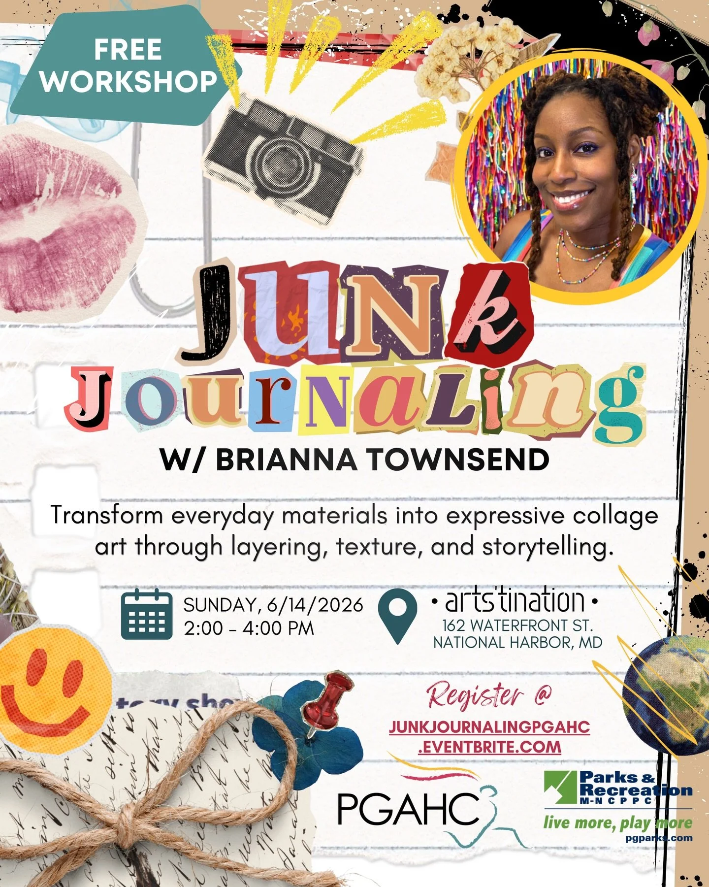 Every ticket stub tells a story.

Every photograph holds a memory.

Every scrap of paper can become art.

Join us for Junk Journaling with Artist Brianna Townsend (@bribriscraftycorner), a hands-on workshop where participants will create expressive m